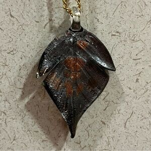 Leaf-Shaped Glass Pendant Necklace On A Gold‎ Toned Chain, Handmade